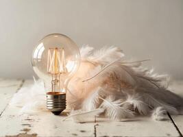 A light bulb with feathers on a wooden table photo