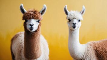 Two llamas standing in front of a yellow background photo