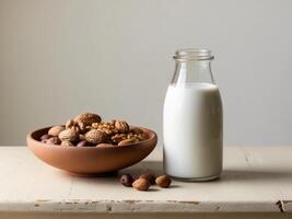 Nuts and milk in a bowl on a wooden table photo