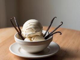 A bowl of vanilla ice cream with two spoons photo