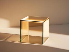 A glass cube on a table in the sun photo
