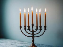 A menorah with five lit candles on a table photo