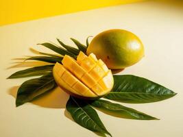 Mango with leaves on yellow background photo