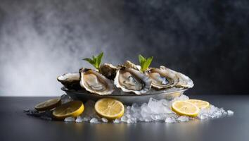 Oysters in ice bucket with lemon slices photo