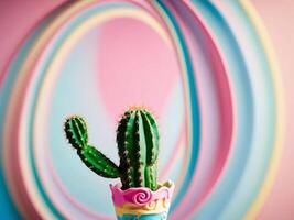 A cactus in a colorful pot with a swirl background photo