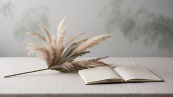 Pampas grass and open book on table photo
