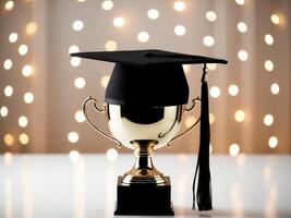 A graduation trophy on a table with lights behind it photo