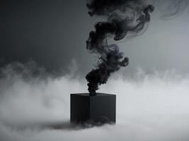 Black smoke coming out of a cube on a gray background photo