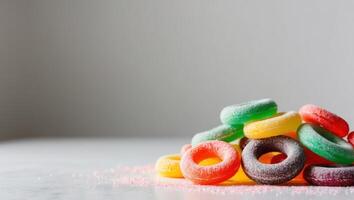 A pile of colorful candy rings on a white surface photo