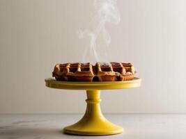 A waffle on a yellow cake stand with smoke coming out of it photo