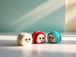 Three small sushi rolls with faces on them photo