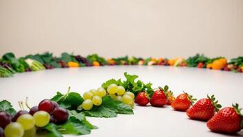 A circle of fruits and vegetables arranged in a circle photo