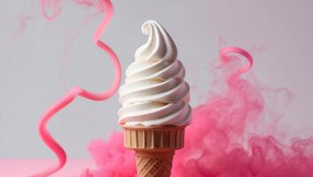 Ice cream cone with pink smoke on a white background photo