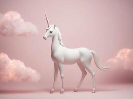 A white unicorn stands in front of pink clouds photo