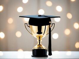 A graduation trophy on a table with a light background photo