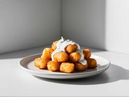 A plate with some tater tots and sour cream photo