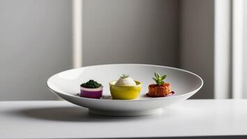 A white plate with three different types of food photo