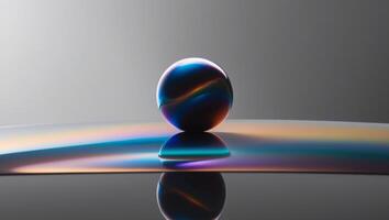 A ball with a rainbow colored reflection on a surface photo