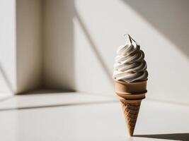 An ice cream cone is shown in front of a window photo