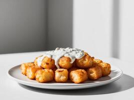 A plate with some tater tots and sour cream photo