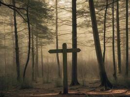 A cross in the woods with foggy trees photo
