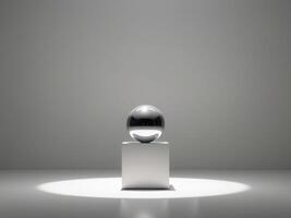 A silver sphere on a white pedestal in front of a light photo