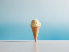 An ice cream cone on a table with a blue background photo