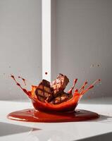 A piece of meat being splashed with red sauce photo