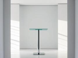 A glass table in a white room with a light shining on it photo