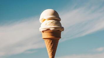 A cone of ice cream is being held up in the air photo