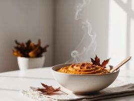Pumpkin spice mashed potatoes with maple syrup and maple leaves photo