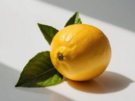 A lemon with leaves on it is on a white surface photo