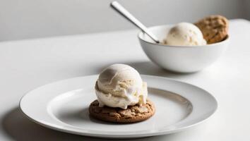 A cookie and ice cream on a plate with a spoon photo