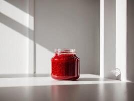 A jar of raspberry jam on a table photo