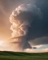 A large cloud is seen over a field photo