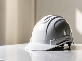 A hard hat on a table in front of a window photo