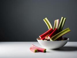 A bowl of fresh rhubarb on a table photo