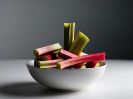 A bowl of chopped up rhubarb on a table photo