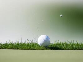 Golf ball hitting the green on a green background photo