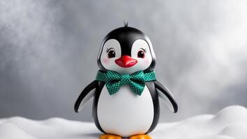 A penguin toy with a green bow tie photo