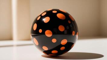 A black and orange polka dot egg sitting on a table photo