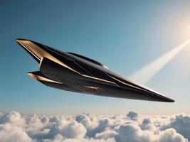 A futuristic jet flying through the sky photo