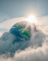 The earth is surrounded by clouds and the sun is shining photo
