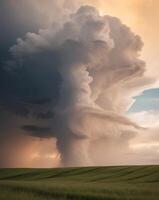 A large storm cloud is seen over a field photo