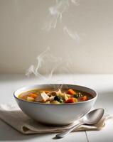 A bowl of soup with meat and vegetables on a table photo