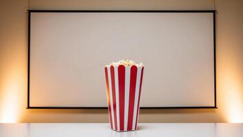 A popcorn bucket with a screen in front of it photo