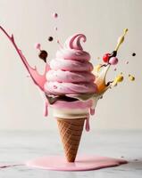 Ice cream splashing in a cone with pink and brown splashes photo