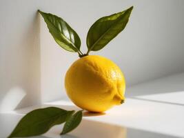 A lemon with leaves on it sitting on a white surface photo