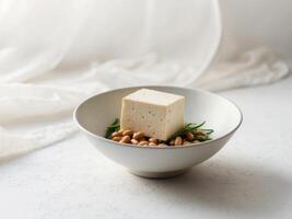 A bowl of tofu with nuts and herbs photo