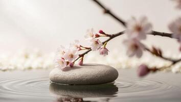 A stone with a cherry blossom on top of it in water photo